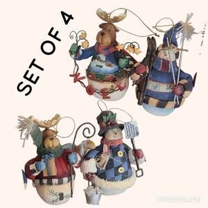Vintage Fabric Mache Holiday Winter Christmas Ornaments Snowmen & Moose Set of 4